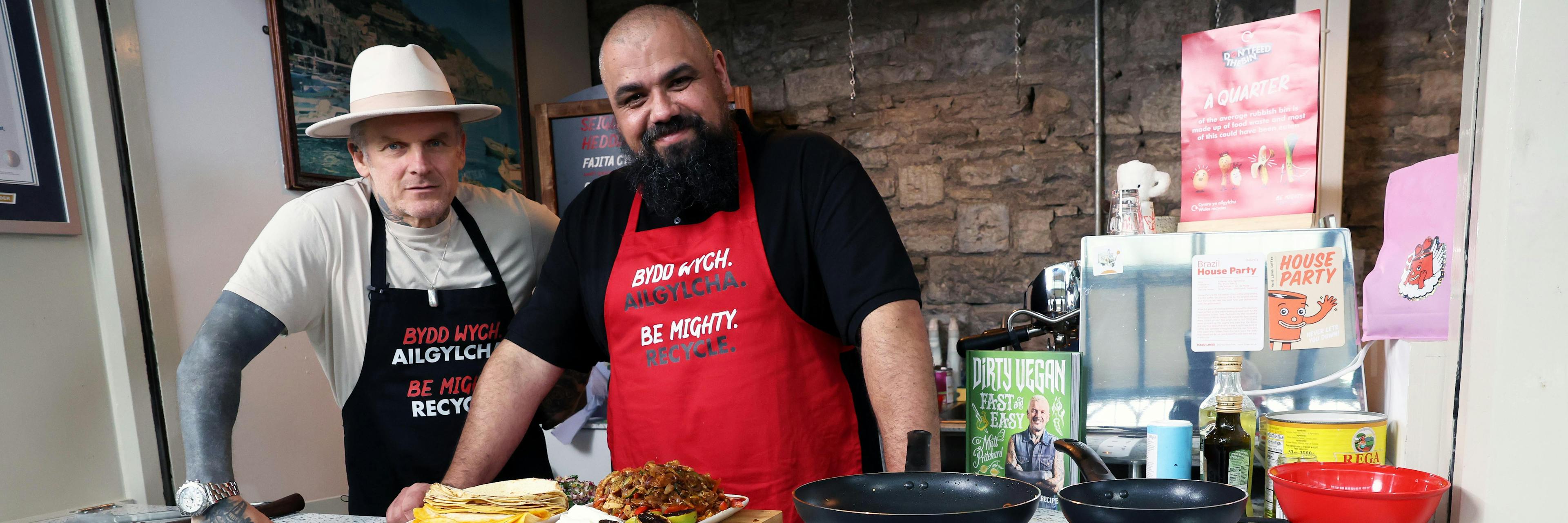 Dirty Vegan Matt Pritchard and Chris ‘Flamebaster’ Roberts launch new Be Mighty. Recycle drive to cut £786 million food waste bill in Wales