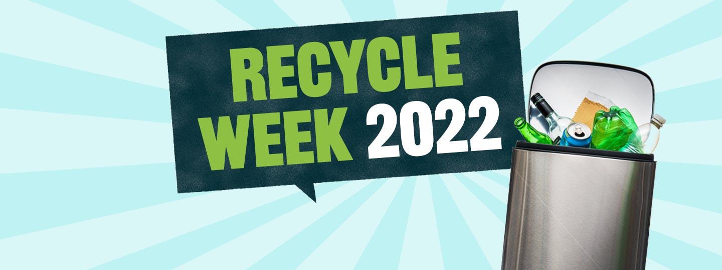 Open recycling bin showing its contents with the words "Recycle Week 2022"