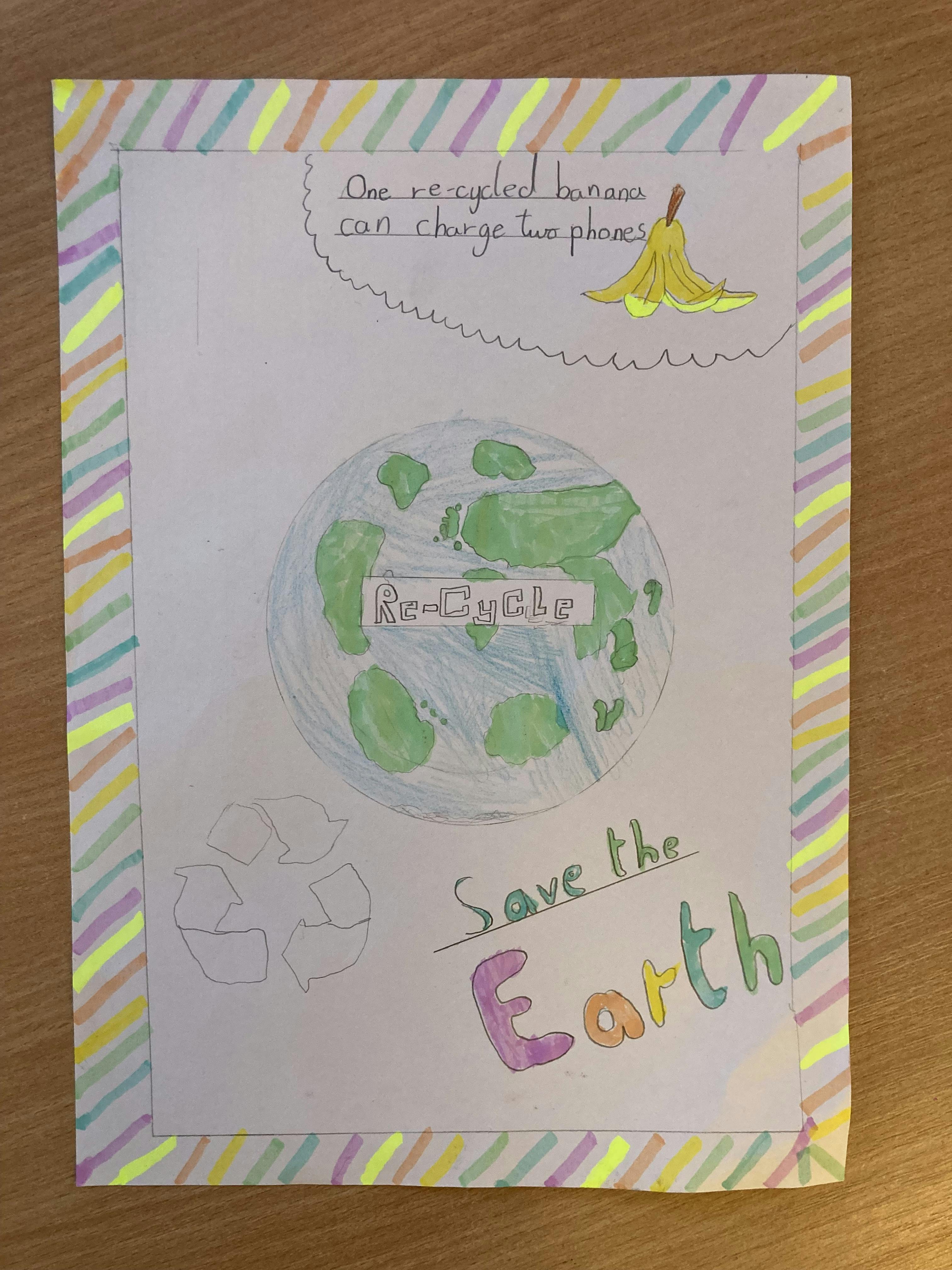 An example of a poster about recycling drawn in crayon by a child.