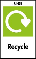 Logo ailgylchu gwyn gyda'r geiriau "Rinse" a "Recycle"
